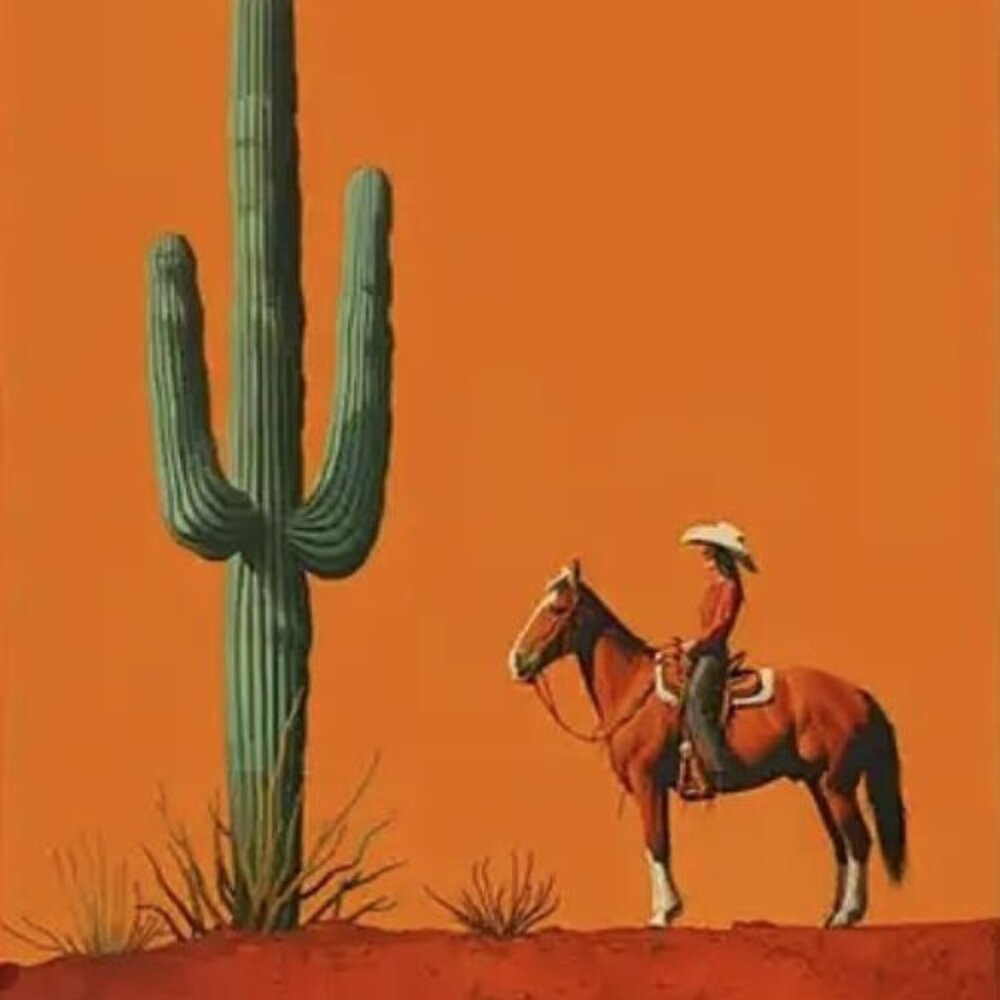 16x24 Retro Style Western Cowgirl Giant Saguaro Cactus Desert Canvas Art Print